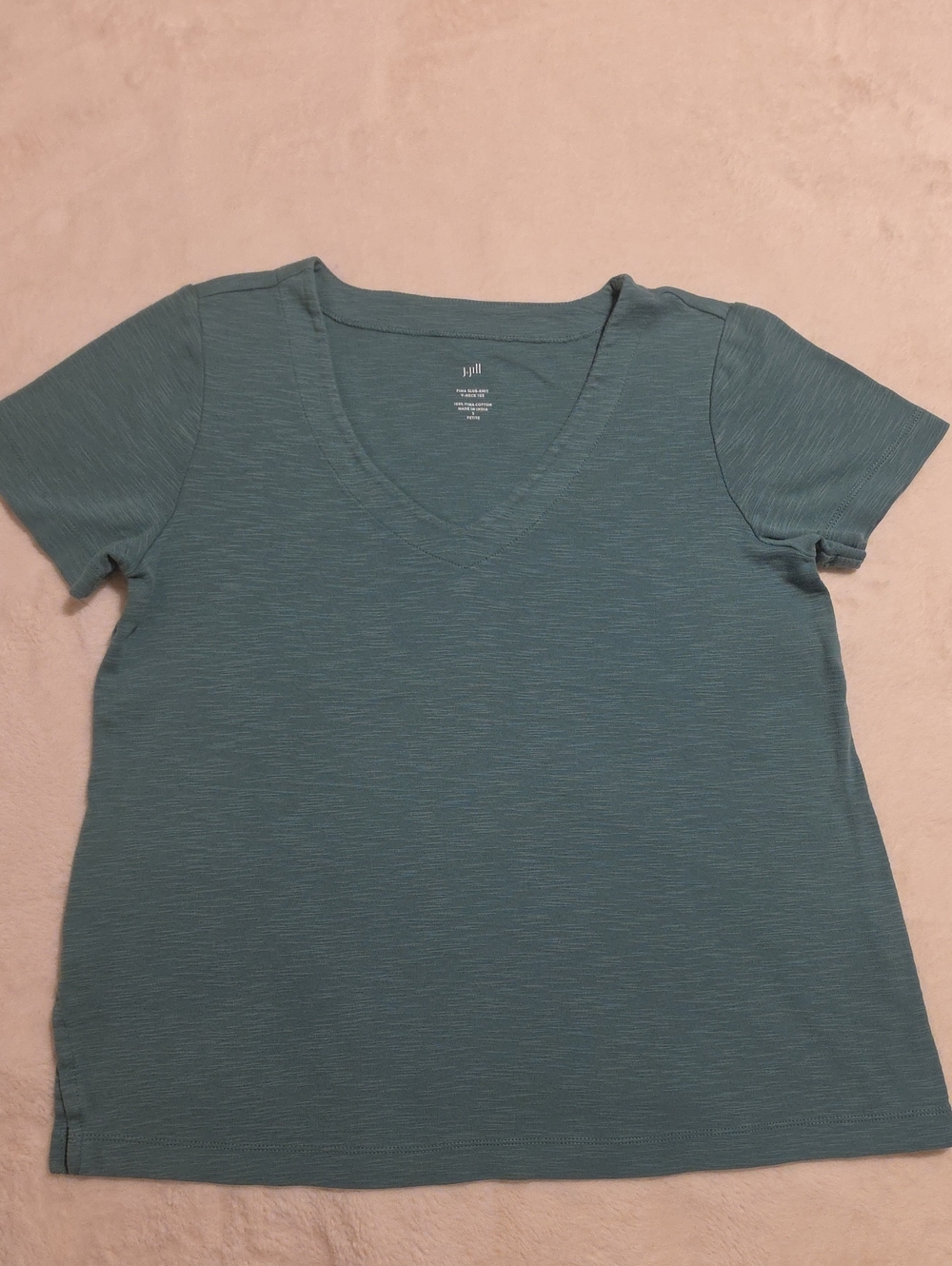 J Jill Womens 100% Pima Cotton Slub-Knit V-neck Tee Green Small Petite